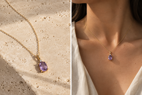 Yurua Worn Close Amethyst Pendant in yellow gold, product and worn view