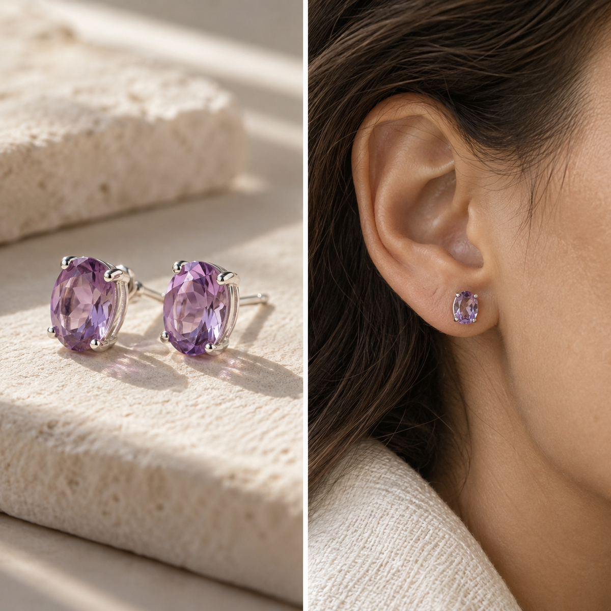 Yurua Everyday Amethyst Studs in soft lilac silver, product and worn view