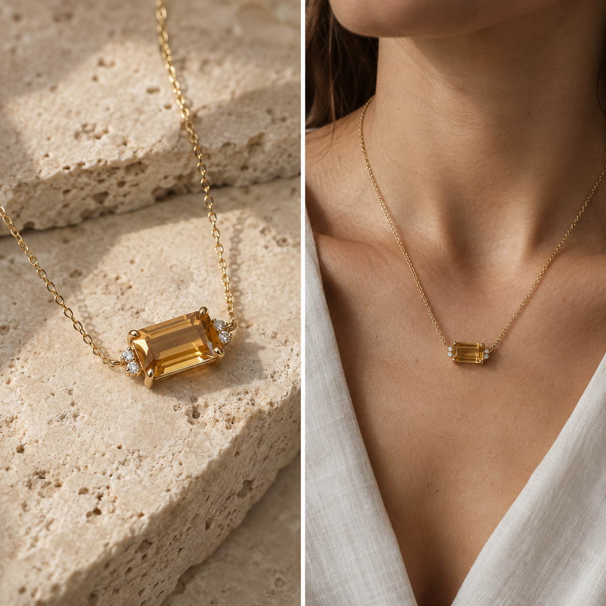 Yurua Worn Level Citrine Pendant in honey gold, product and worn view